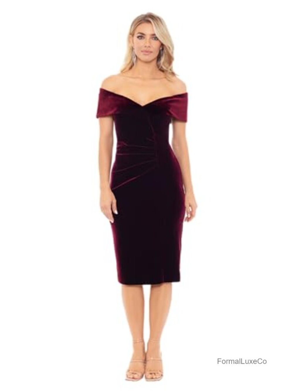 Xscape Women's Velvet Sweetheart Neckline Off The Shoulder Knee Length Dress